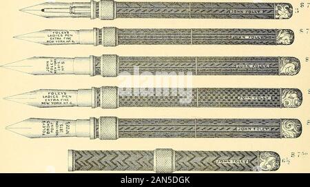 History of the invention and illustrated process of making Foley's diamond pointed gold pens . m &. ^ 6. $ 7-1° $ 8. GOLD MOUNTED RUBBER SCREW PENCIL AND PEN CASES. Stock Photo