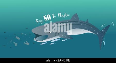 Whale shark eating pieces of plastic, Say No To Plastic Concept Stock Vector