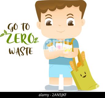 The boy holding glass bottles and use ECO bag for his lifestyle, Go to zero waste concept Stock Vector