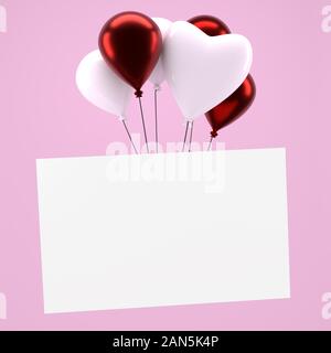 Six shiny balloons with a blank card on a pink background, 3d rendering Stock Photo