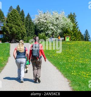 Family hiking tour in springtime nature on a nature adventure trail near Ofterschwang in Upper Allgäu Stock Photo