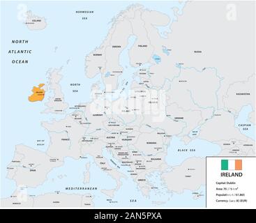 Location of Ireland on the European continent with small information box and flag Stock Vector