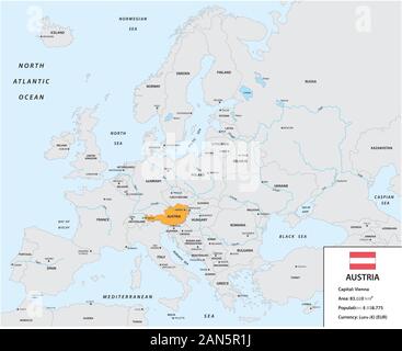Location of Austria on the European continent with small information box and flag Stock Vector