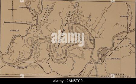 The Quarterly journal of the Geological Society of London . [To face p. 74, ^?flB . J. G. S. vol. xlvii.] MAP AND SECTIONS TO ILLUSTRATEDB. E. HULLS PAPER OX THE PHYSICAL GEOLOGY OF THE TENNESSEE AND PARTS OP ADJOINING DISTRICTS IN THE UJTITED STATES OF AMERICA. [To face p. 74. Fig. l.-Map of a pari of the State of Tennessee, shoiolru, the Gorge of the Tennessee River near Chattanooga.. Pig. 2.—Section across the Cumberland Plateau to the Fast Tennessee Valley.Cumberland Table-land. Valley of East Tennesse Stock Photo