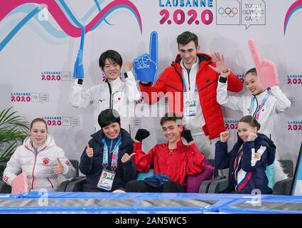 Lausanne, Switzerland. 15th Jan, 2020. Team Courage wait for their score during the Mixed NOC Team competition of figure skating event at the 3rd Winter Youth Olympic Games in Lausanne, Switzerland, Jan. 15, 2020. Credit: Wang Jianwei/Xinhua/Alamy Live News Stock Photo