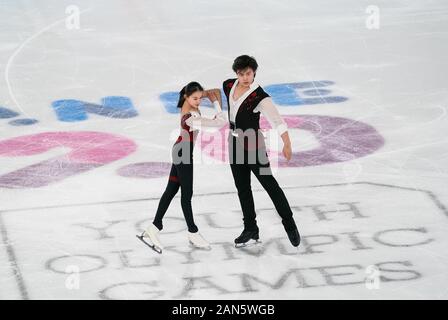 Lausanne, Switzerland. 15th Jan, 2020. Wang Yuchen (L)/Huang Yihang of China from Team Future compete at the pair skating during the Mixed NOC Team competition of figure skating event at the 3rd Winter Youth Olympic Games in Lausanne, Switzerland, Jan. 15, 2020. Credit: Lu Yang/Xinhua/Alamy Live News Stock Photo