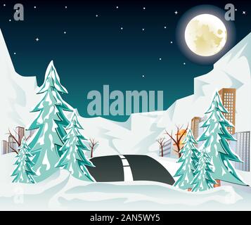 Winter vector road background with night landscape with village and ...