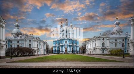 Smolny Convent of the Resurrection on square Rastrelli in Saint Petersburg, Russia. Baroque style orthodox cathedral. Smolny Sobor or church. Stock Photo