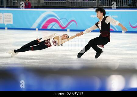 Lausanne, Switzerland. 15th Jan, 2020. Wang Yuchen (L)/Huang Yihang of China from Team Future compete at the pair skating during the Mixed NOC Team competition of figure skating event at the 3rd Winter Youth Olympic Games in Lausanne, Switzerland, Jan. 15, 2020. Credit: Wang Jianwei/Xinhua/Alamy Live News Stock Photo