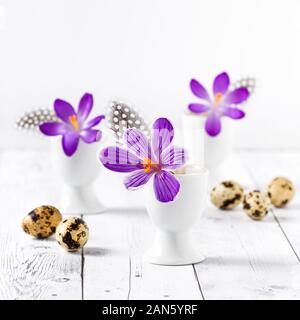 Bouquet of purple crocus flowers in vase and eggs. Square image. Easter concept. Stock Photo