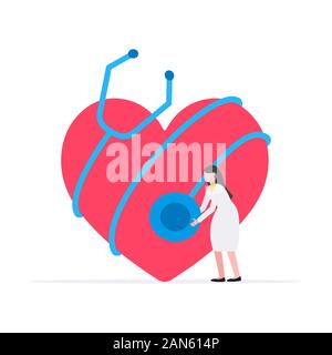 Healthcare medical science concept with tiny people doctor with big stethoscope and a heart shape vector illustration isolated on white background. Su Stock Vector