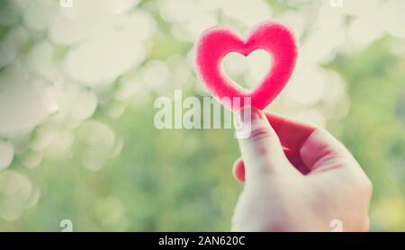 Woman holding pink heart in hands for valentines day or donate help give love warmth take care / heart on hand for philanthropy concept Stock Photo