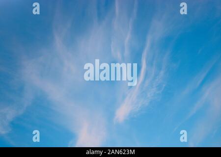 White cirrus clouds in the blue sky at sunset time. Natural background for design. Stock Photo