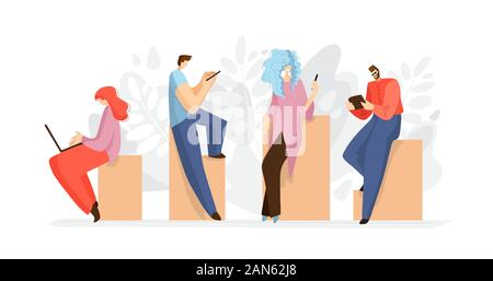 Working people with tablet, smartphone, laptop, notebook. Online working concept, online job. People searching internet flat vector illustration Stock Vector