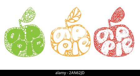 Green, orange and red Apples silhouette. Fresh fruit Typography Vector Illustration, Handdrawn lettering. Hand drawn font on Healthy fruity harvest Stock Vector