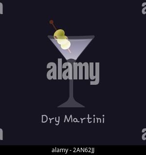 Vector illustration of alcohol Dry Martini cocktail with green olives isolated on black background. Glowing martini illustration for bar, restaurant Stock Vector