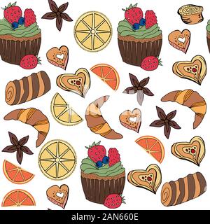 Seamless  pattern with bakery products in vector. It is located in swatch menu. Background with cupcakes, croissants, roll, orange, lemon, Stock Vector