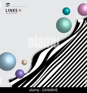 Abstract striped black and white curved line stripe wave background with 3D circles spheres glossy pastel color. Vector illustration Stock Vector