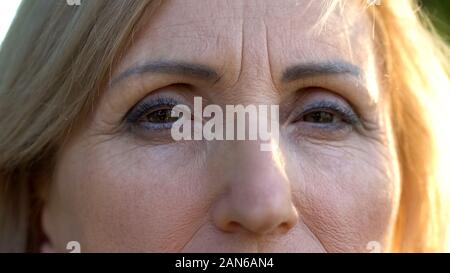 Senior woman looking into camera, age and wrinkles, close-up of female eyes Stock Photo