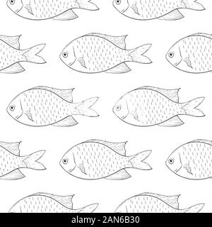 Fish. Black outline sketch. Seamless background Stock Vector
