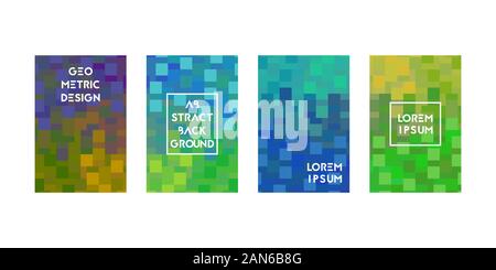 Geometric design cards set. Square pixel texture. Vector illustration. Gradient green and orange. Stock Vector