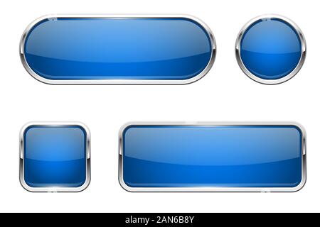 Web buttons. Blue shiny icons with chrome frame Stock Vector