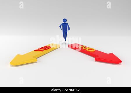 3d man with arrows YES NO in different directions. Arrows with inscriptions yes and no. 3d rendering Stock Photo