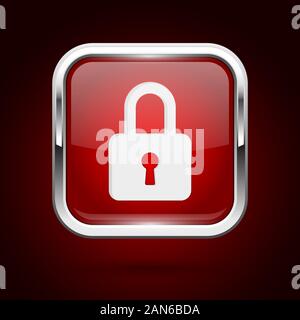 Red lock button with chrome frame. Push 3d button Stock Vector