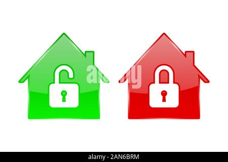 Red and green house icons. Closed and open account symbols Stock Vector