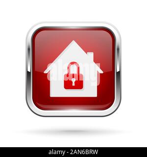 Closed icon. Red shiny 3d button with metal frame and locked home symbol Stock Vector