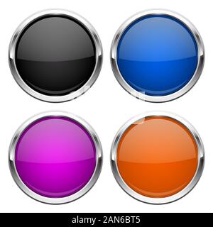Push buttons. Glass round colored icons with chrome frame Stock Vector