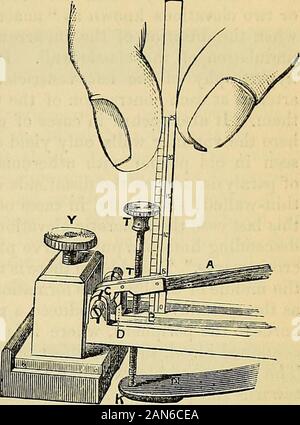 Carpenter's principles of human physiology . Mareys Sphygmograph. The production of the pulse is a subject of much interest. The passage of acontinuous current of fluid through an elastic tube takes place in accordancewith the same laws as those which govern its passage through a rigid tube;but if into an already tightly-filled elastic tube which is closed at its extremitya jet of fluid be driven, the first part of the tube undergoes distension, and anoscillatory movement is impressed on the particles of the fluid, which rapidlypropagates itself in the form of a positive wave to the extremity Stock Photo