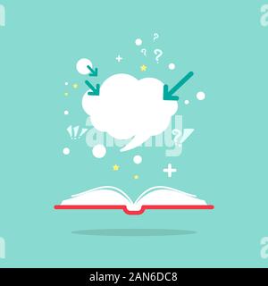 Open book with question marks, plus sign, arrows and speech bubble on powder blue background. Flat vector reading icon. Quotation book pictogram. Educ Stock Vector