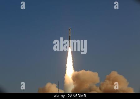 (200116) -- JIUQUAN, Jan. 16, 2020 (Xinhua) -- The broadband communication satellite developed by Beijing-based GalaxySpace is launched by a Kuaizhou-1A (KZ-1A) carrier rocket from the Jiuquan Satellite Launch Center, northwest China's Gansu Province, Jan. 16, 2020. A broadband communication satellite, developed by a Beijing-based company, was launched from the Jiuquan Satellite Launch Center in northwest China at 11:02 a.m. Thursday (Beijing Time). The satellite, the first one of the Beijing-based GalaxySpace, was sent into its planned orbit by a Kuaizhou-1A (KZ-1A) carrier rocket. Deplo Stock Photo