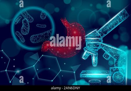 Human stomach microscope 3D low poly render probiotics. Healthy normal digestion flora of human intestine yoghurt production. Modern science medicine Stock Vector
