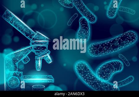 Bacteria microscope 3D low poly render probiotics. Healthy normal digestion flora of human intestine yoghurt production. Modern science medicine Stock Vector