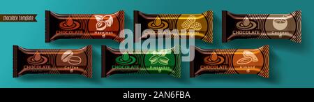 Chocolate bar vector packaging design. Nuts chocolate set. Stock Vector