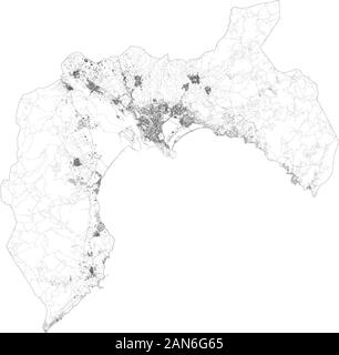 Satellite map of Province of Cagliari towns and roads, buildings and connecting roads of surrounding areas. Sardinia region, Italy. Sardegna Stock Vector