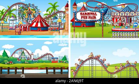 Four scenes with many rides in the fun fair illustration Stock Vector ...