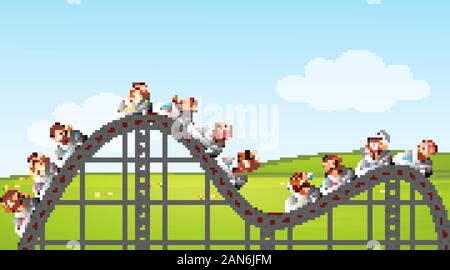 Scene with happy monkeys riding roller coaster in the park illustration Stock Vector