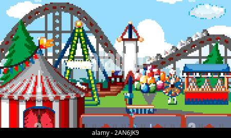 Themepark scene with many rides and happy children illustration Stock ...