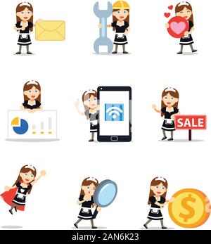 Maid cartoon character wearing uniform using vacuum cleaner ...