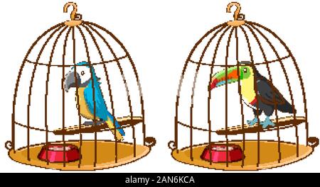 Two birds in bird cages illustration Stock Vector