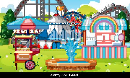 Scene with roller coaster and other rides in the park illustration Stock Vector