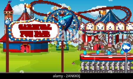 Scene with roller coaster and other rides in the fair illustration Stock Vector