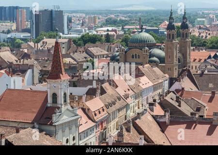 Aerial view on the city of Sibiu (Hermannstadt). Cultural capital of Europe in 2007. In the back the main building & two towers of the Orthodox church Stock Photo