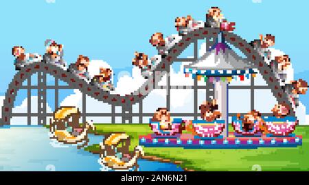 Scene with happy monkeys riding on roller coaster in the park illustration Stock Vector