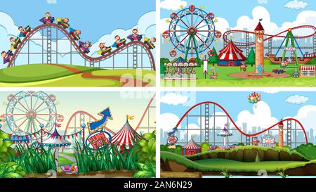 Four scenes with many rides in the fun fair illustration Stock Vector