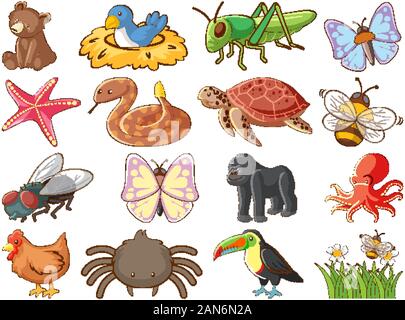 Large set of wildlife with many types of animals on white background illustration Stock Vector
