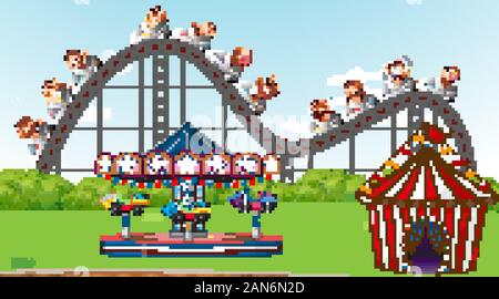 Scene with monkeys riding roller coaster in the park illustration Stock Vector